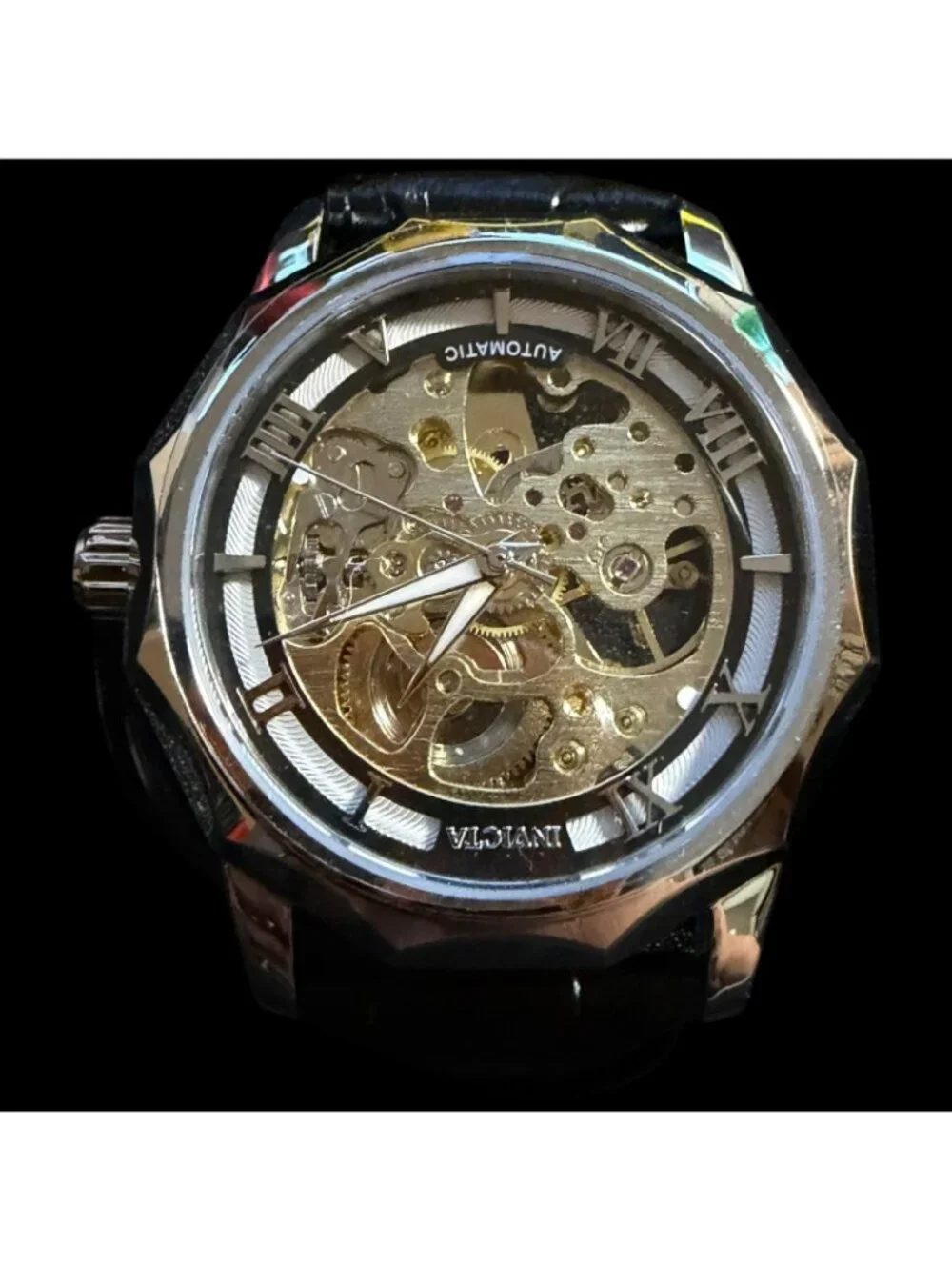 Invicta Automatic Objet D Art 46mm Skeleton Watch Men's Black Leather Strap
